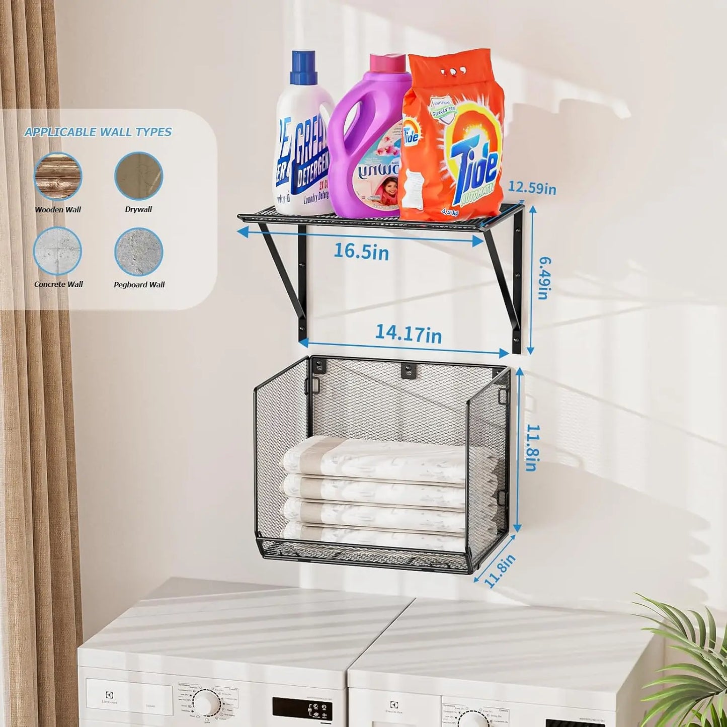 2-Pack Wall-Mounted Laundry Shelves with Mesh Baskets