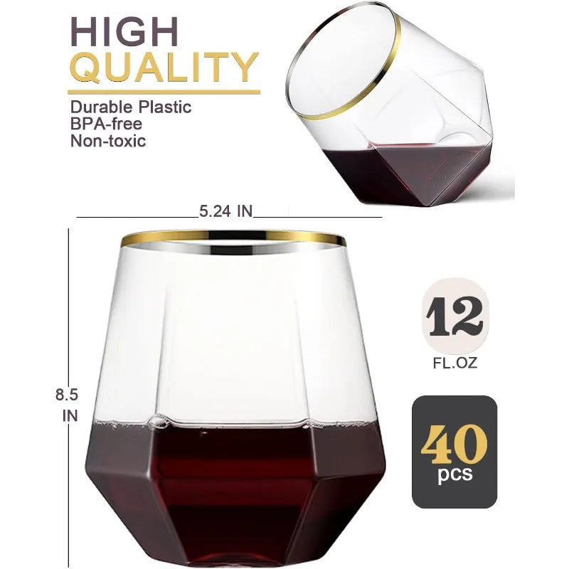 Plastic Wine Glasses, 12 Oz Gold Rim Reusable