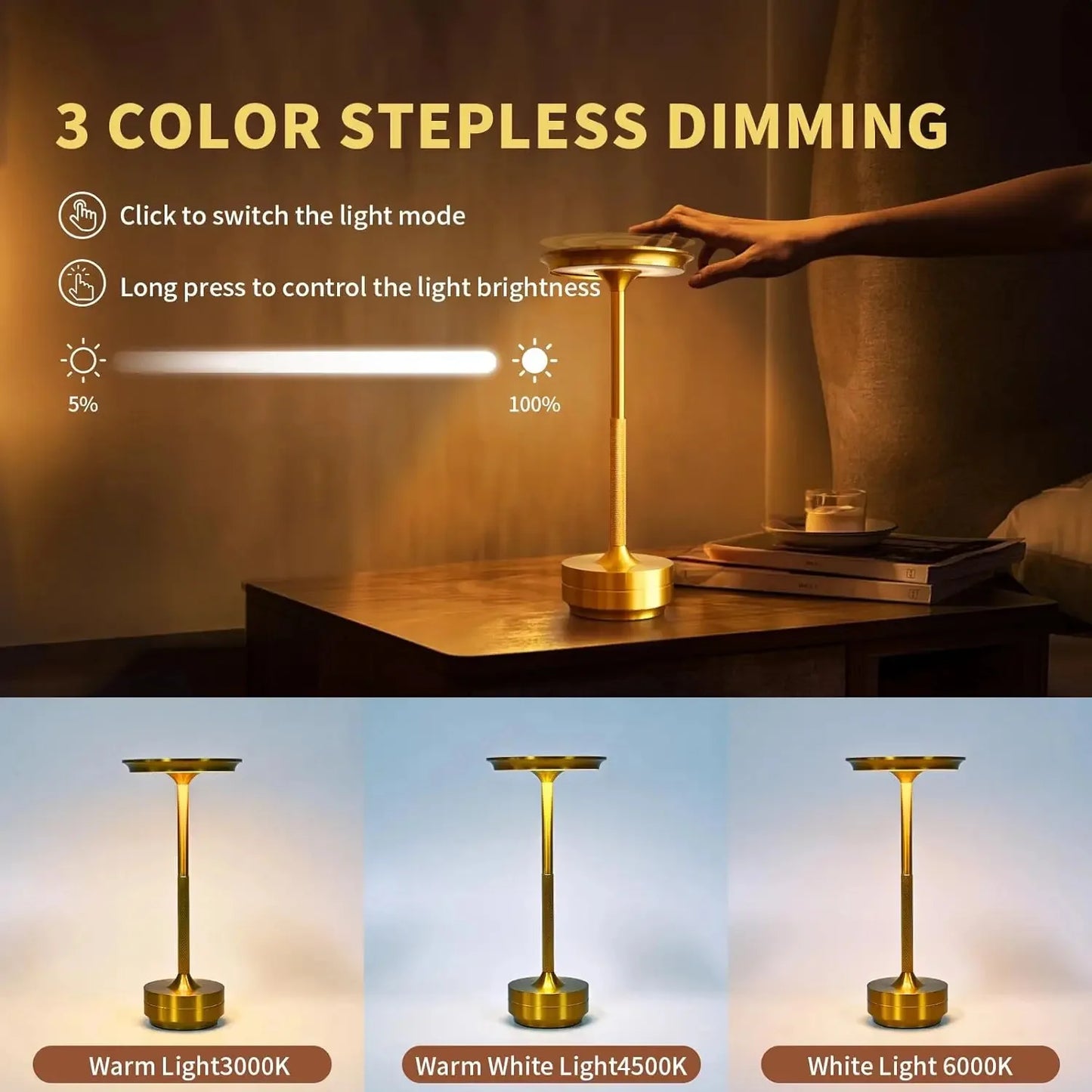 LED Desktop Lamp USB Touch Dimming Metal Recharge Night Light For Coffee Bar Restaurant Bedside Reading Decoration Table Lamps