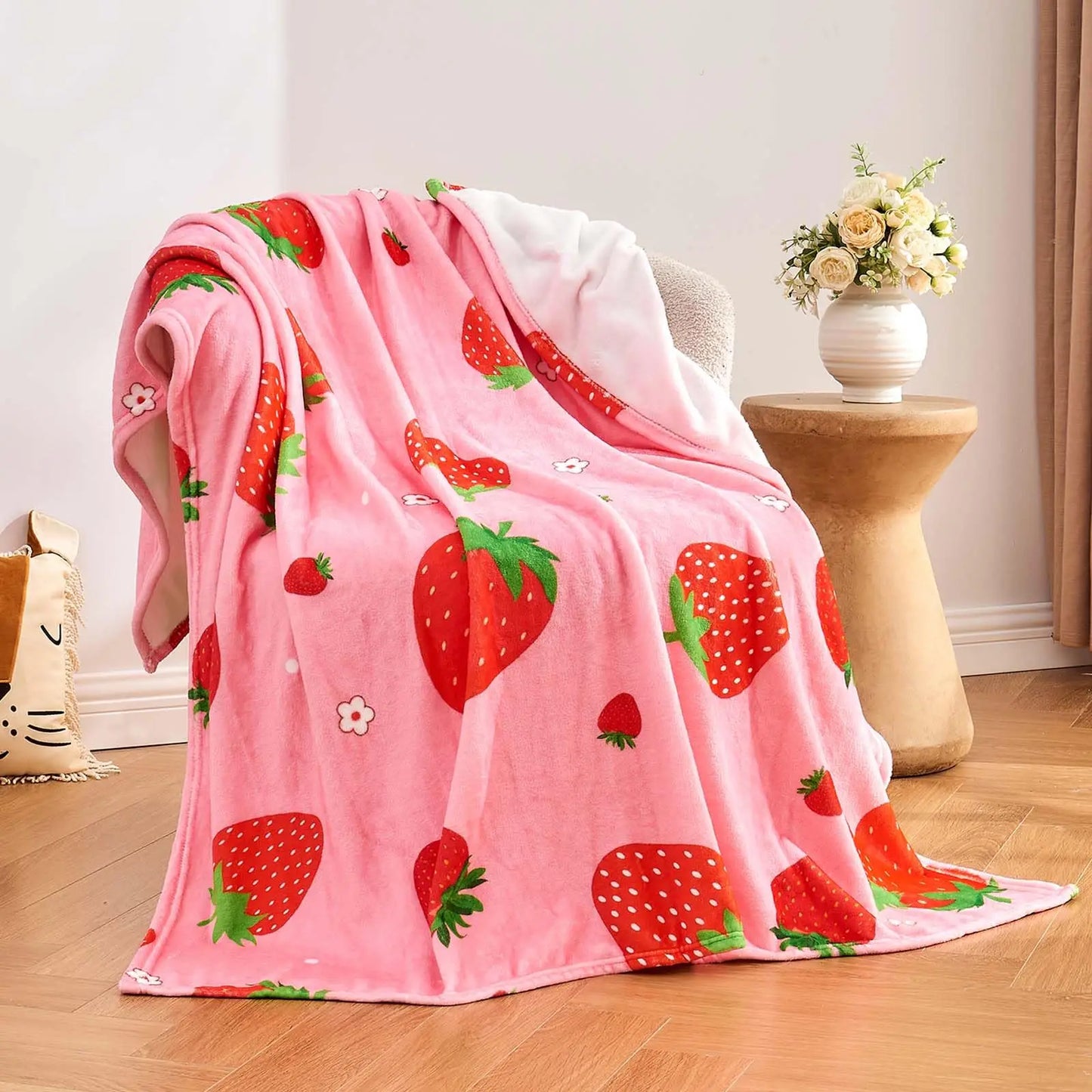 Pink Strawberry Themed Soft Fuzzy Flannel Throw Blanket