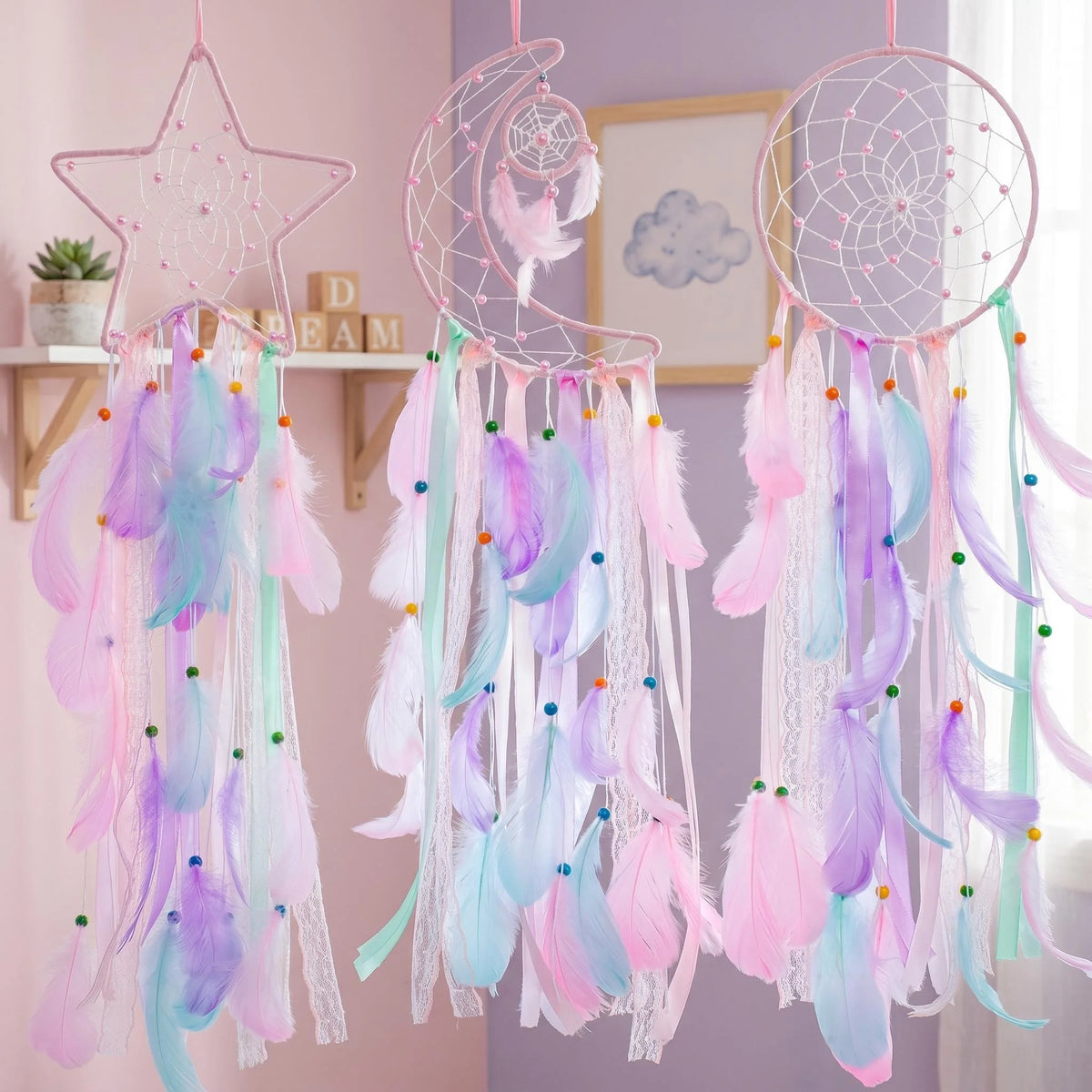 3 Pack Pink Star Moon Sun Dream Catcher