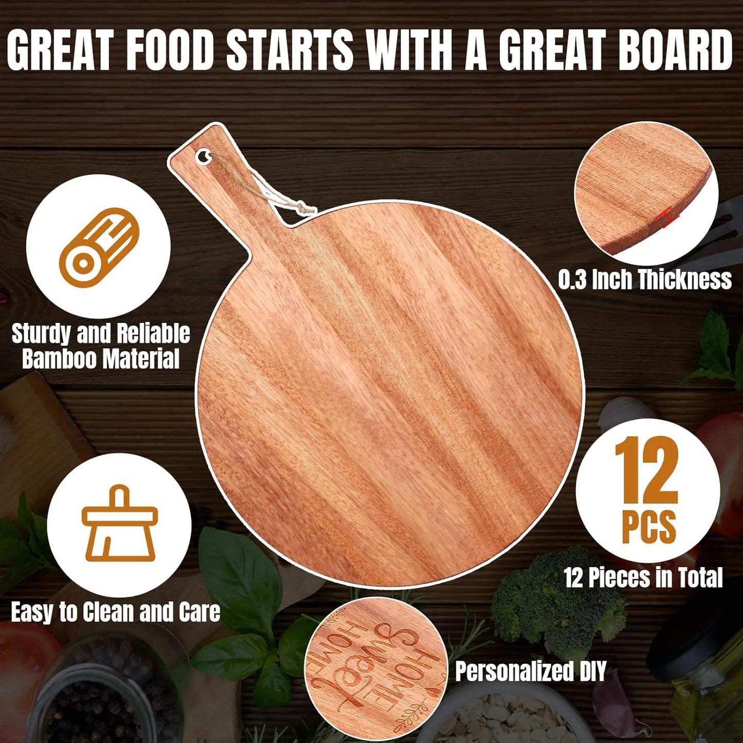 12 Piece Round Wood Cutting Board with Handle Charcuterie