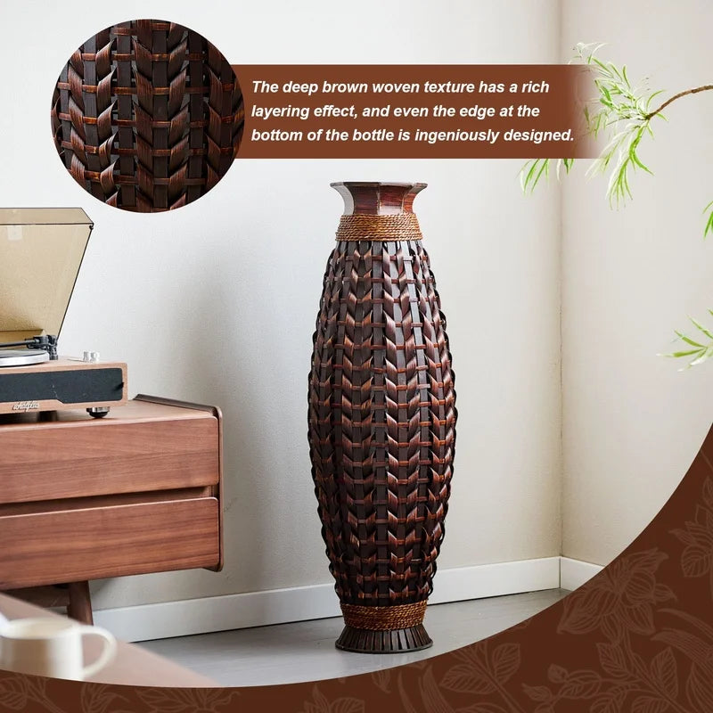 Handwoven Bamboo Floor Vase, 38.97" Tall Rustic Deco Natural Woven Design- Dried Branches