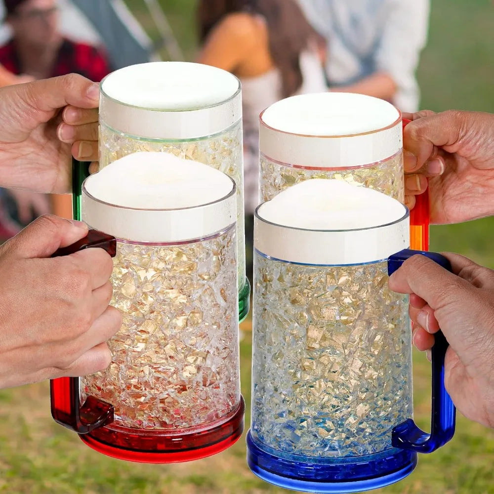 Freezer Beer Mugs, 4 Pack Double Wall Gel Frosty Freezer Ice Mugs