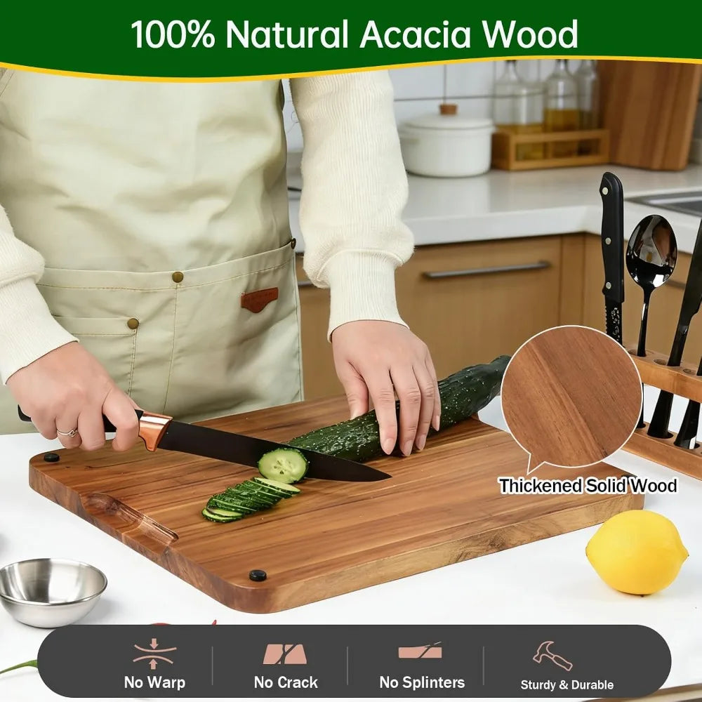 16.5" Acacia Wood, Magnetic Charcuterie Board Serving Platter with Cutlery & Sauce Cup