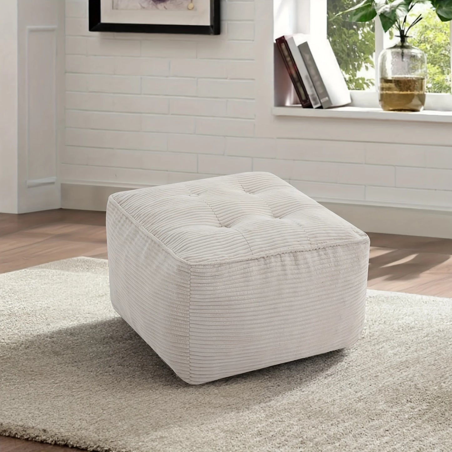 Soft And Cozy Square Pouf Ottoman, Corduroy Foam Stuffed Furniture