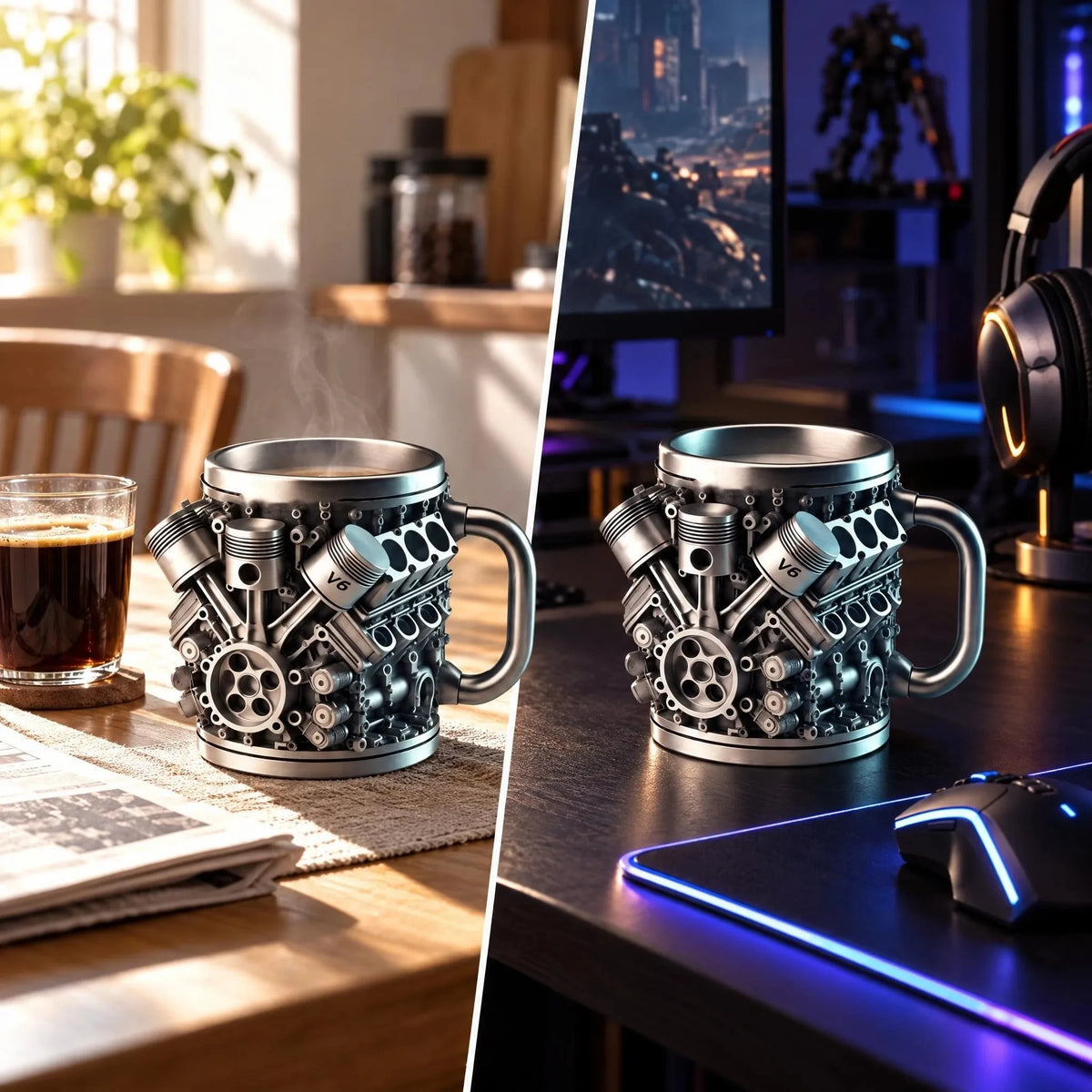 V6 Engine Stainless Steel Coffee Mug, 3D Metal