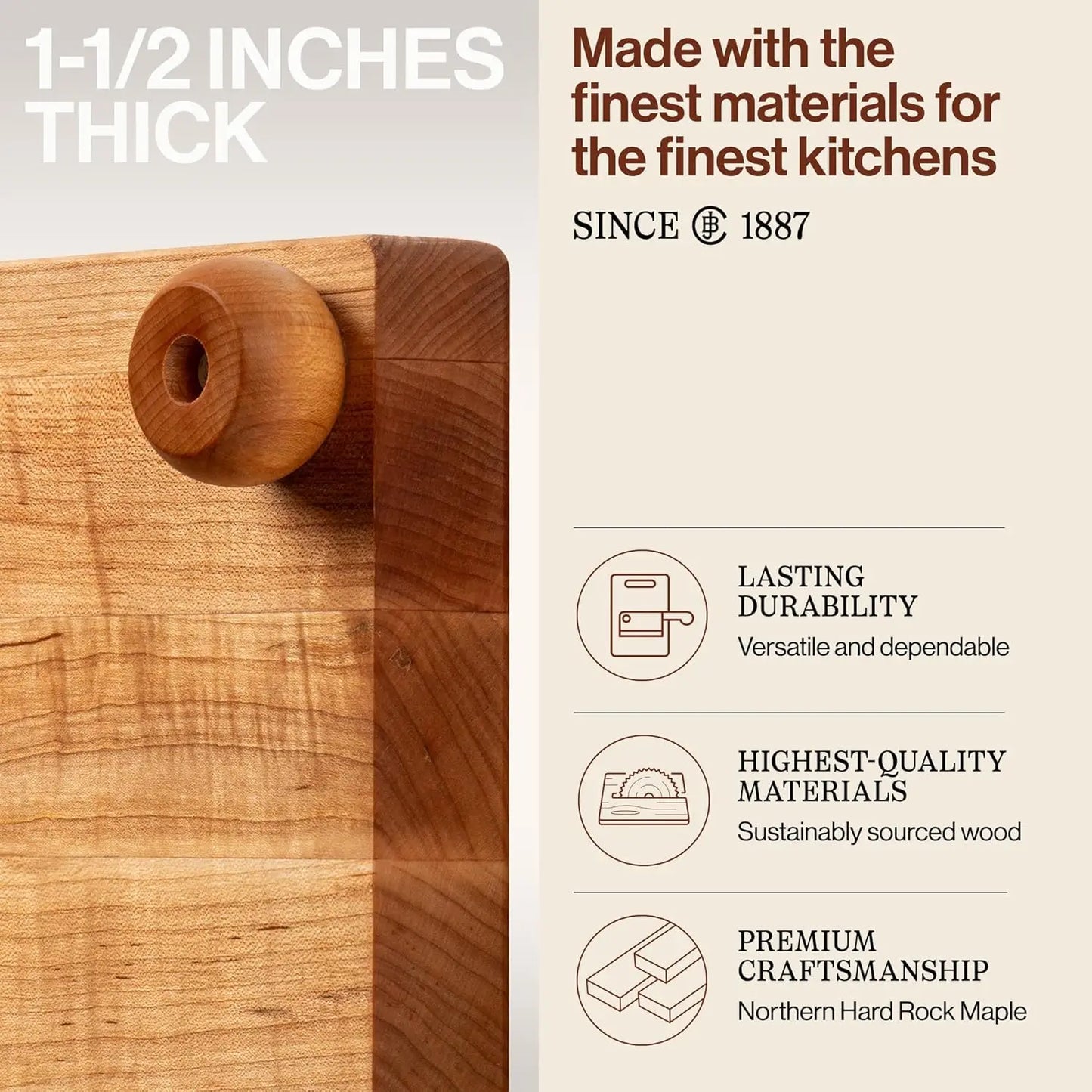 Series 12"×12"×1.5" Square Maple Cutting Board (6-lb) Wood Bun Feet