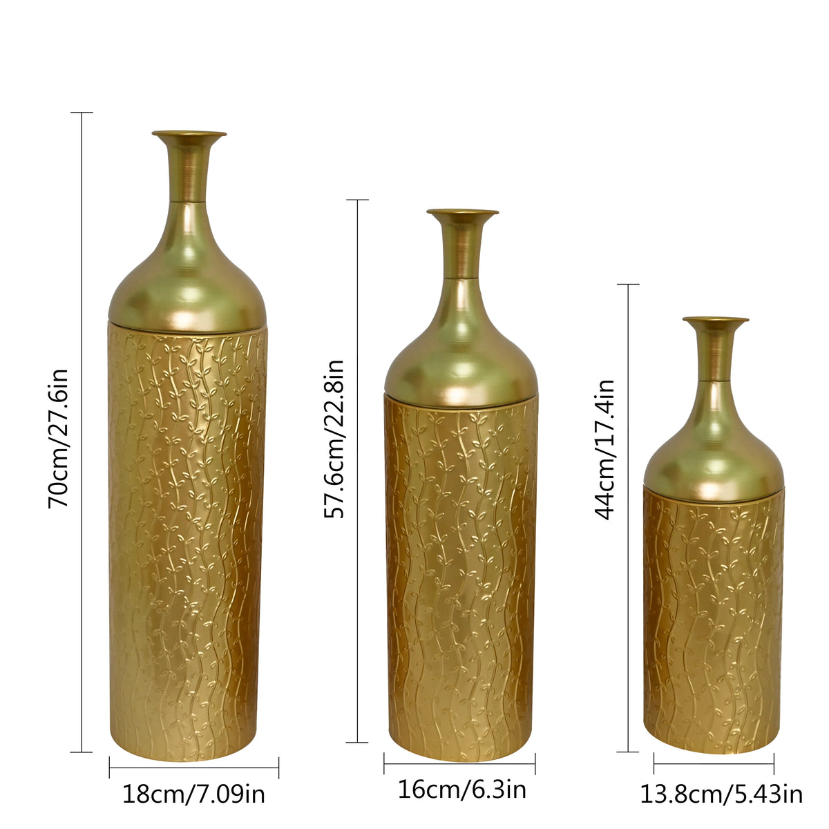 White Metal Floor Vases Set of 3, Tall Gold Leaf