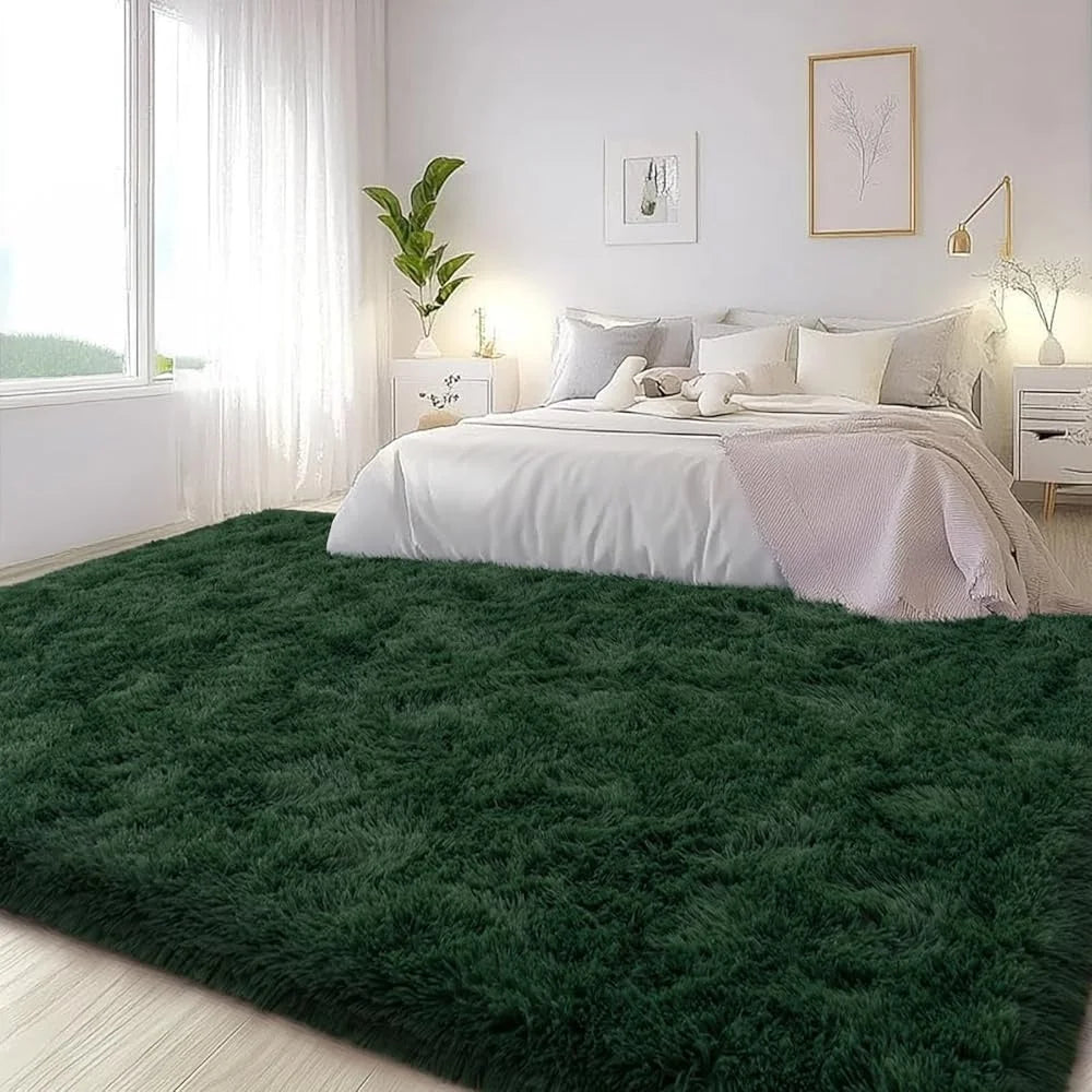 Large Area Rugs 8x10 Dark Green Fluffy Shaggy Plush Soft