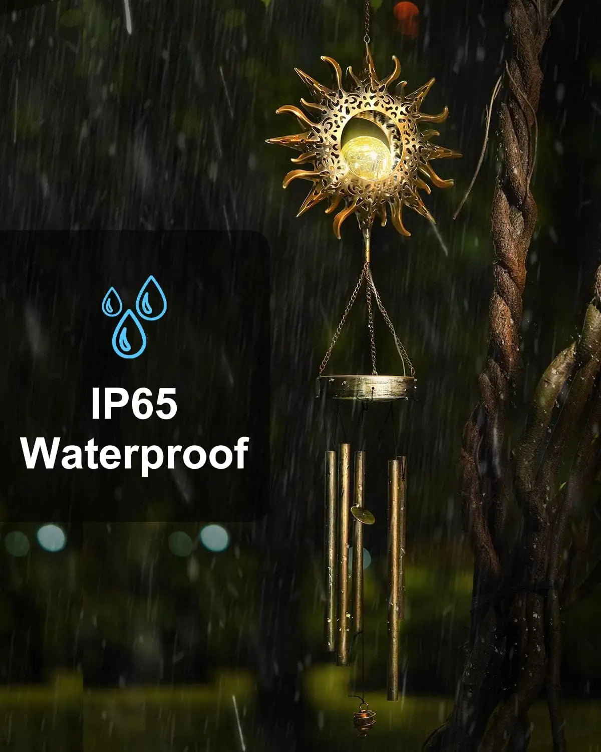 Solar Sun Wind Chimes, 42" Waterproof LED Glass Bells