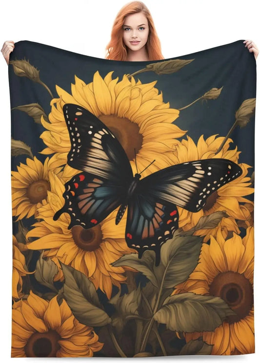 Sunflower Butterfly Blanket  Flannel Throw Blankets