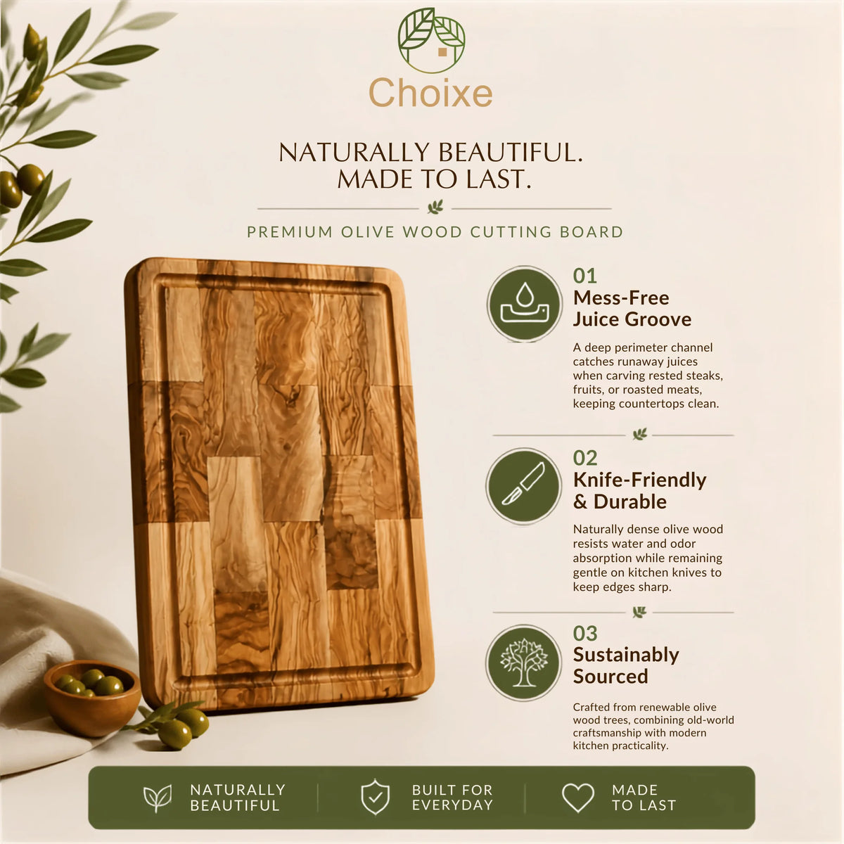 Olive Wood Large Cutting Board, 15.5" x 10" Charcuterie
