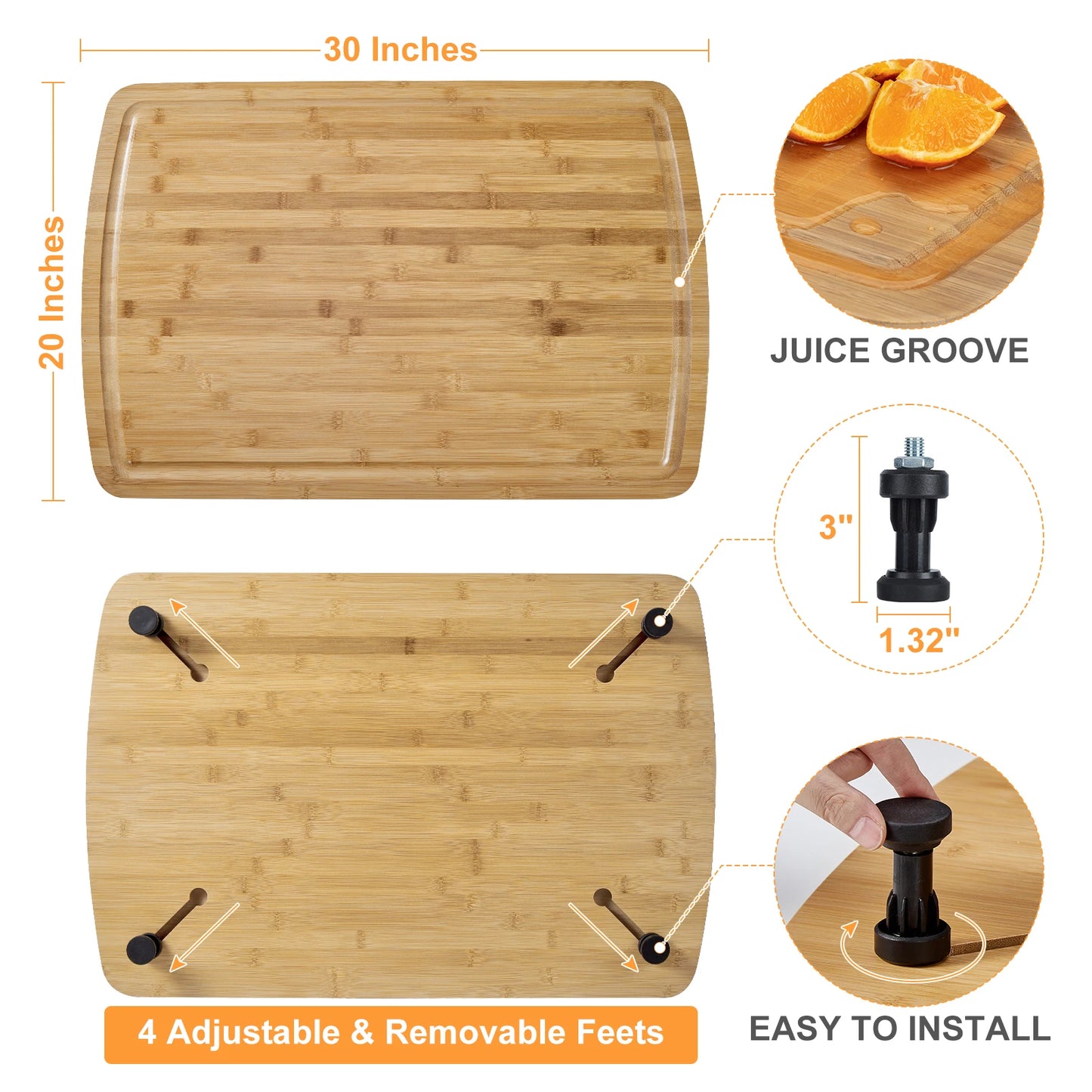 30"x20" Noodle Board Stove Cover with Removable Legs, Bamboo