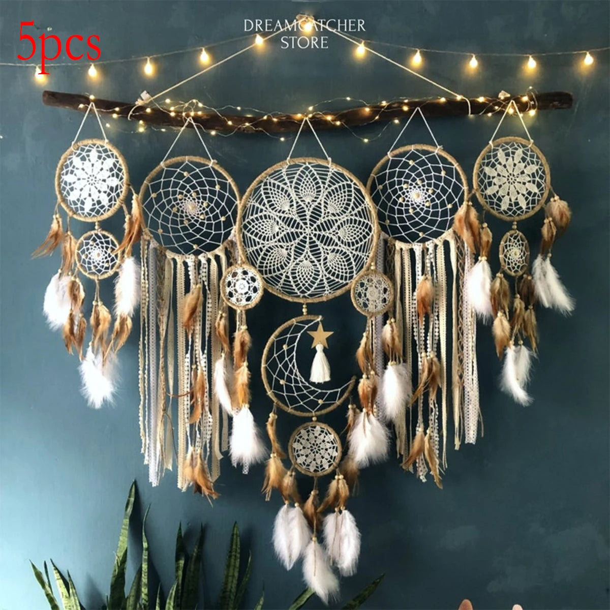 5-piece large Dream Catcher, handcrafted Moon Dream Chaser