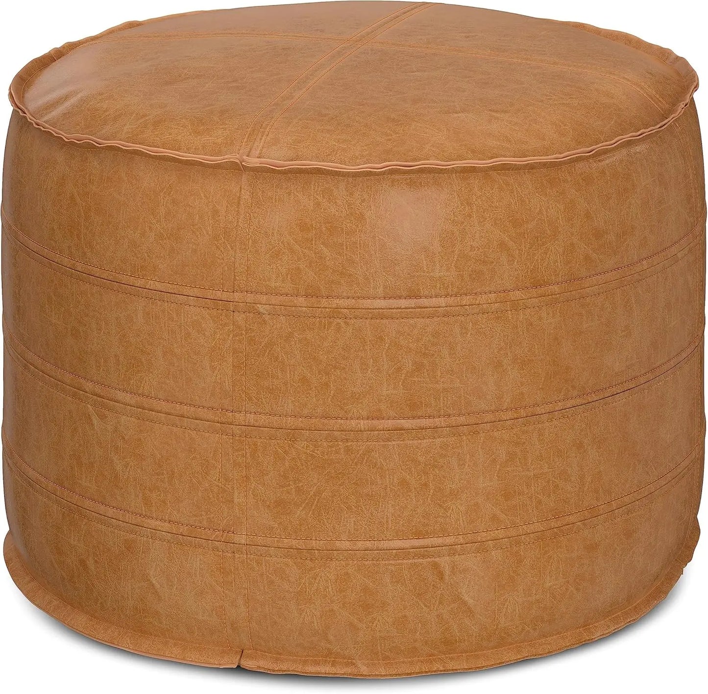 Round Pouf In Distressed Brown Vegan Faux Leathe