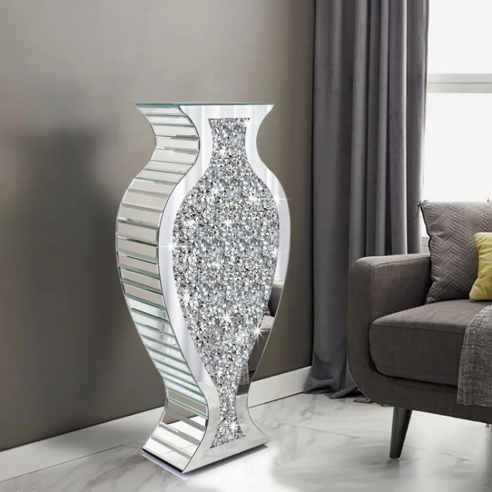 Luxurious 27-Inch Tall Floor Vase Diamond Mirrored Glass