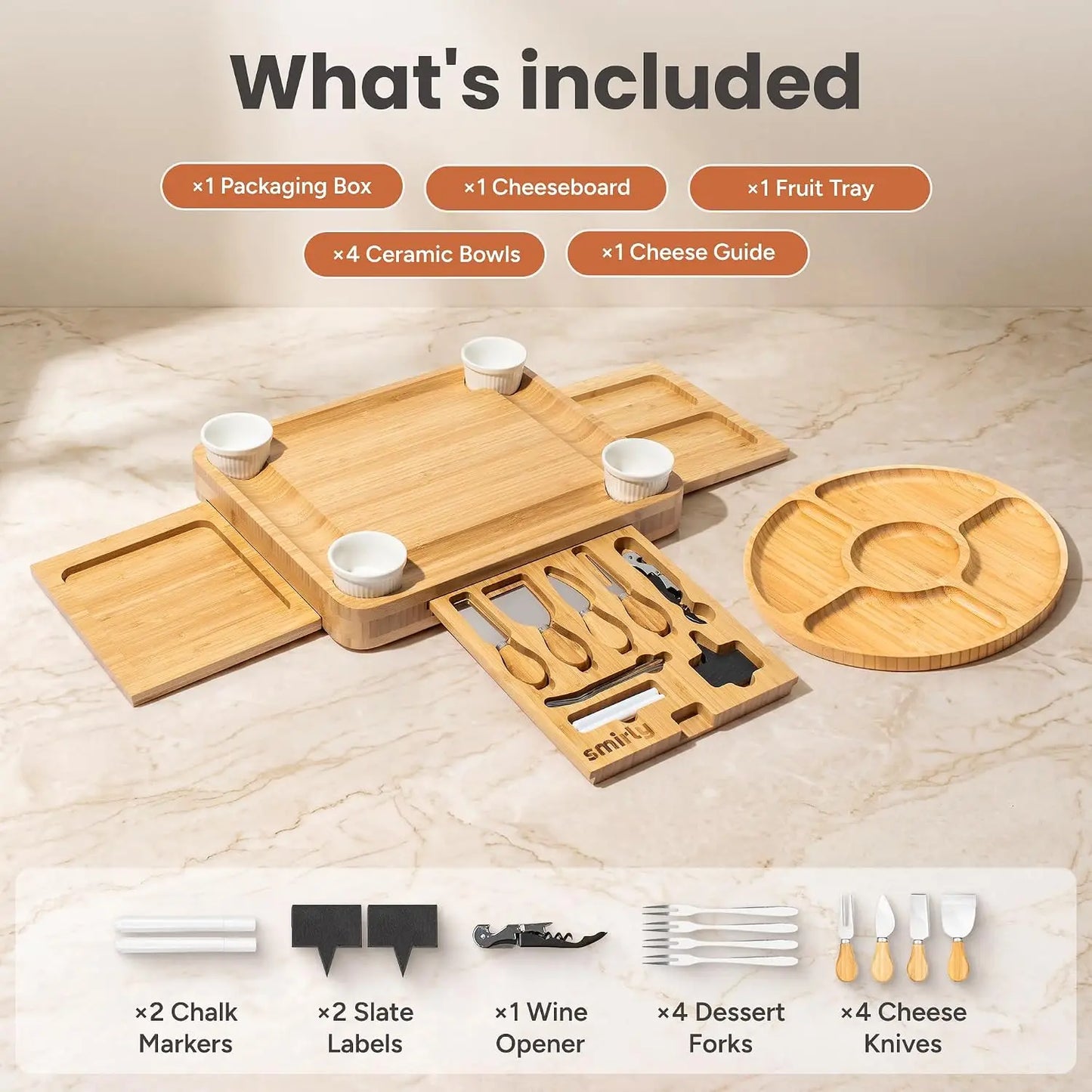 Large Bamboo Charcuterie Board Set - 15.7"with Knives