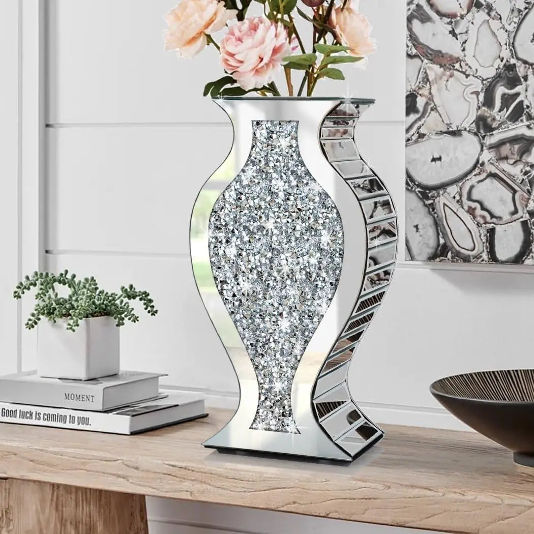 Crushed Diamond Mirror Vase Crystal Silver Glass