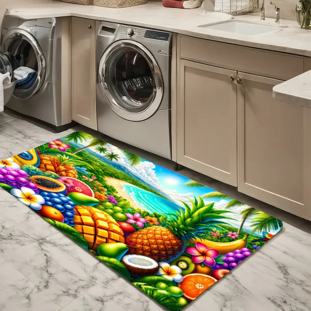 3PCS Mat Set,  Front Door, Kitchen,  Tropical Fruits Palm Trees Flowers Waterfall