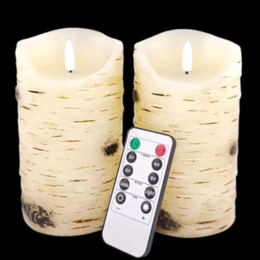 Flameless Candles LED Birch Bark Effect Set of 2 D:3.25" X H:6"