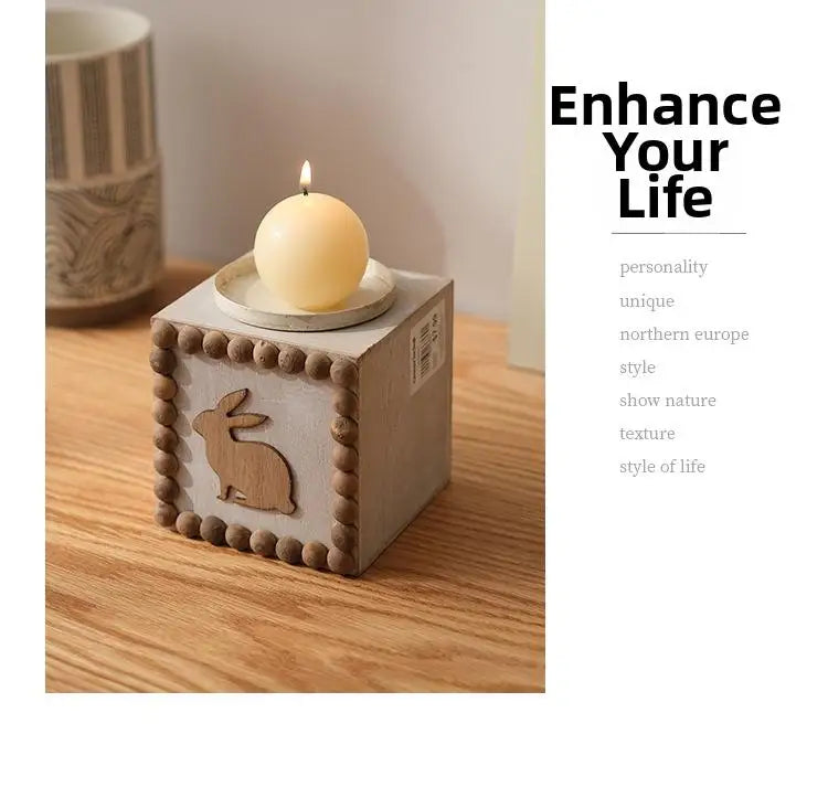 Artistic Wooden Square Candlestick Desktop Little Rabbit