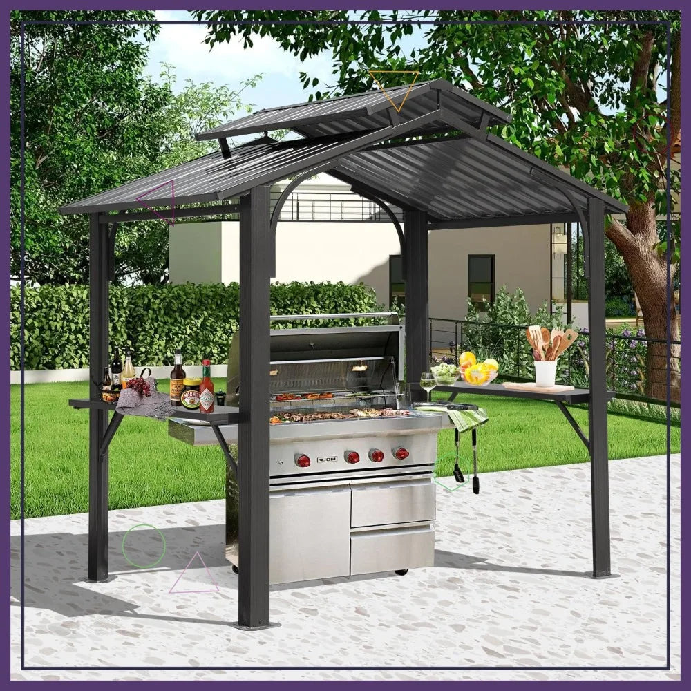 8x5FT Hardtop Grill Gazebo, Outdoor with Steel Roof, Side Shelves