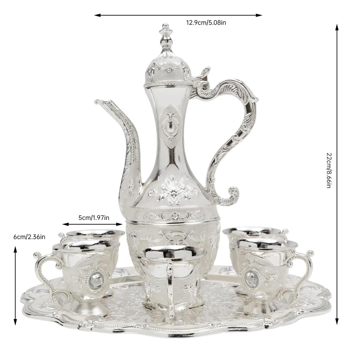 Antique Style Silver Tea Set Including Teapot, 6 Cups & Tray