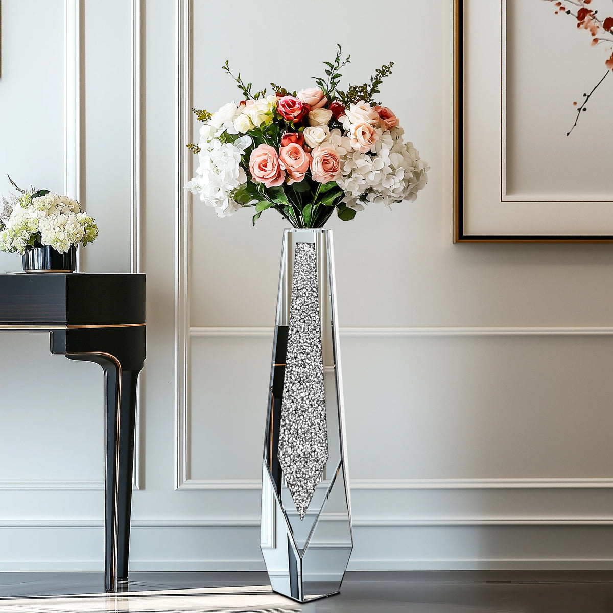 Tall Floor Mirror Vase, Large Crushed Diamond Glass Vase