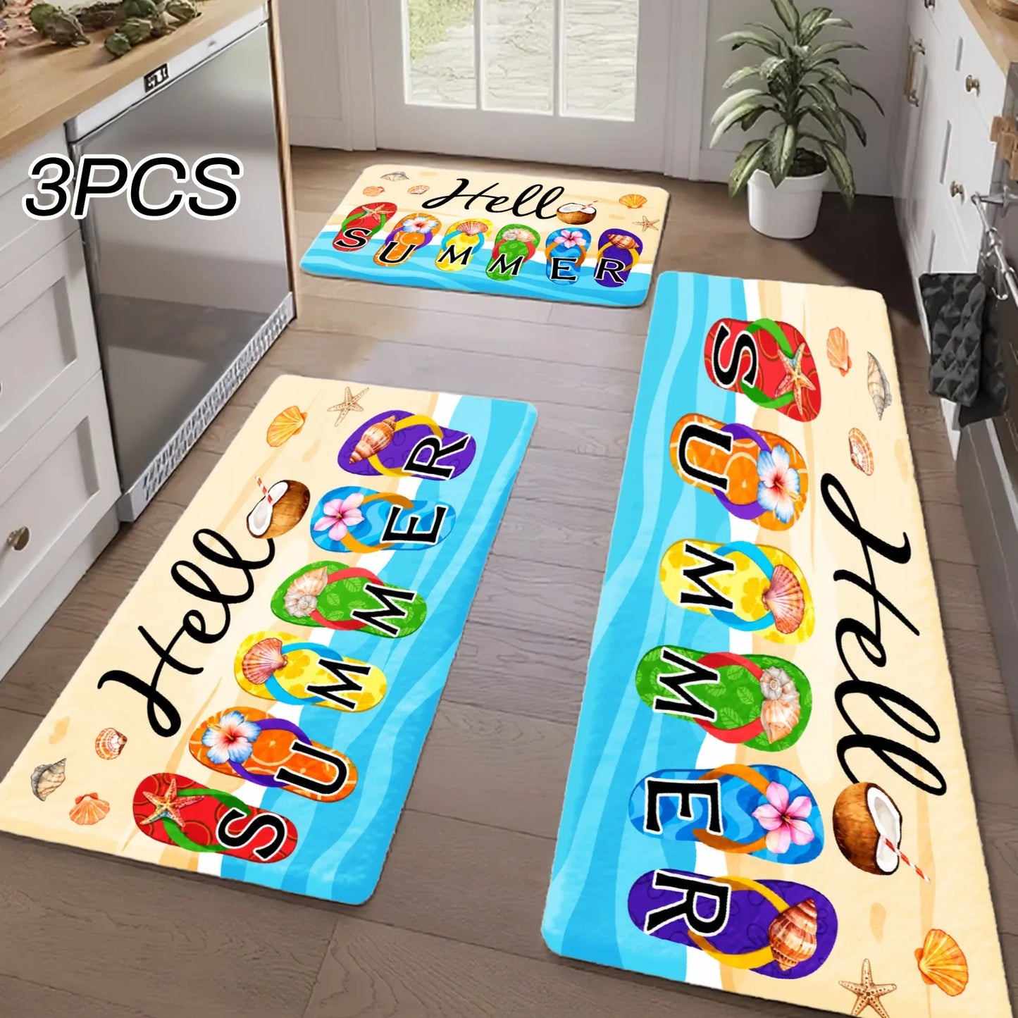 3PCS Kitchen Rugs Hello Summer Colorful Flip Flops Pattern Dining Mat