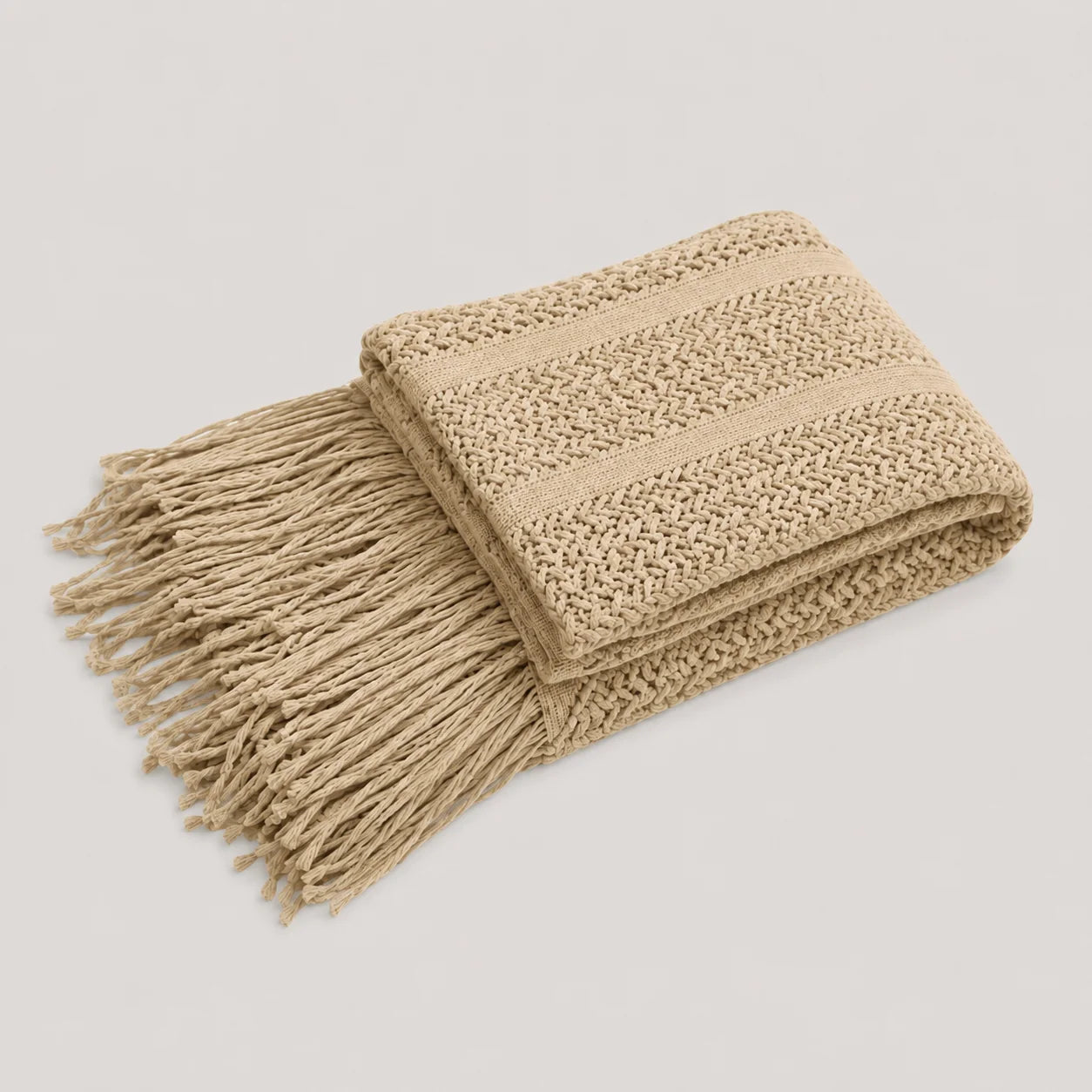 Khaki Popcorn Bobble Textured Knit Throw Blanket with Tassel Fringe, Soft Knitted Decorative Blanket, Lightweight Cozy Cover for Couch Sofa Bed, Boho Farmhouse Home Decor for Living Room Bedroom