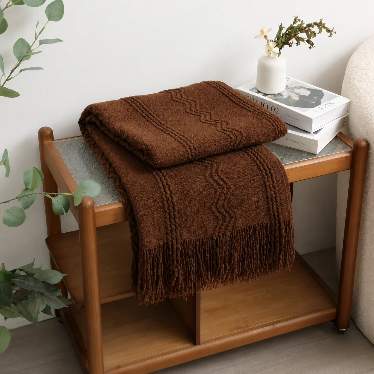 Cream Popcorn Bobble Textured Knit Throw Blanket with Tassel Fringe,