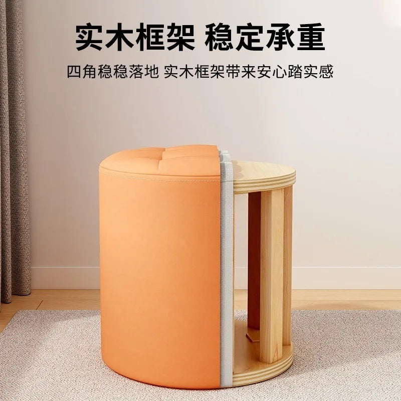 Round Ottoman Stool, PU Leather Footrest with Non-Slip Base