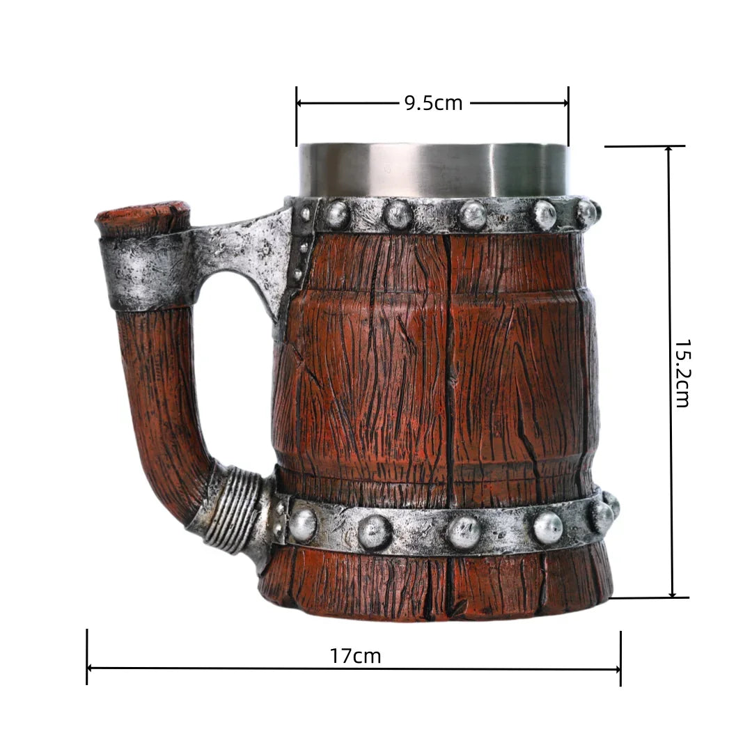 Viking Imitation Wood Resin Beer Mug -Handmade Stainless Steel Line