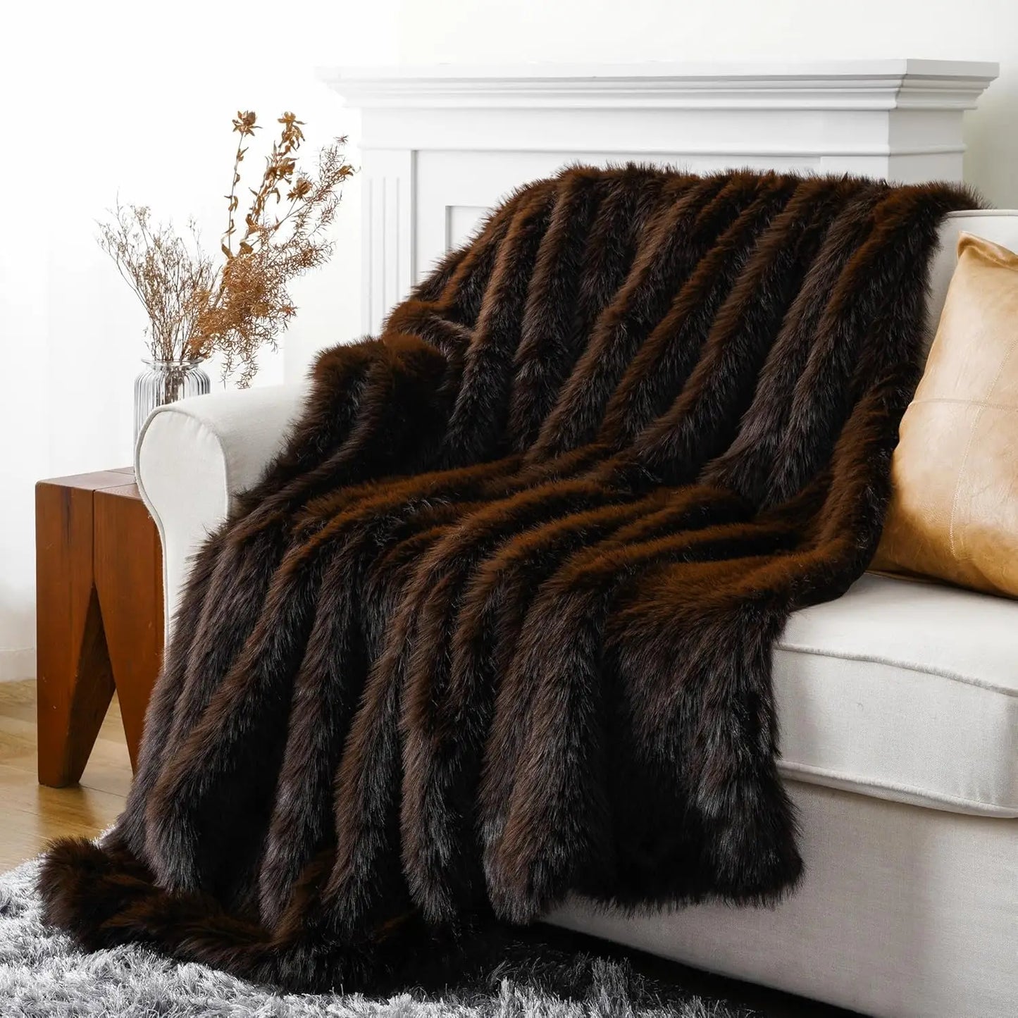 Luxury Brown Faux Fur Throw Blanket, Large King Size 60x80