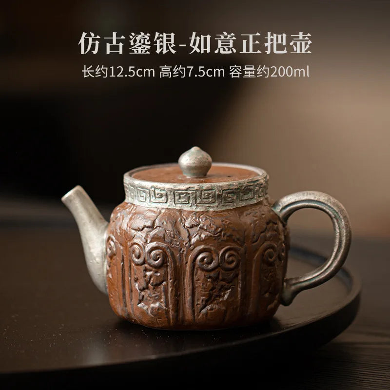 Antique Gilded Silver Lotus Ceramic Teapot