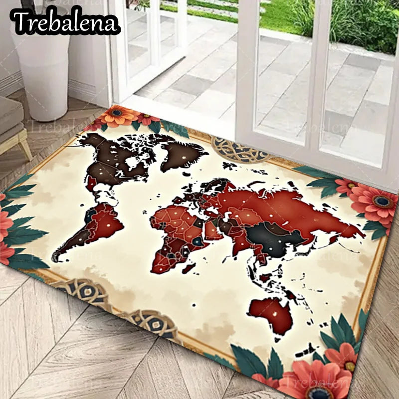 1pc Welcome Door Mat World Map Floral Border Area Rug