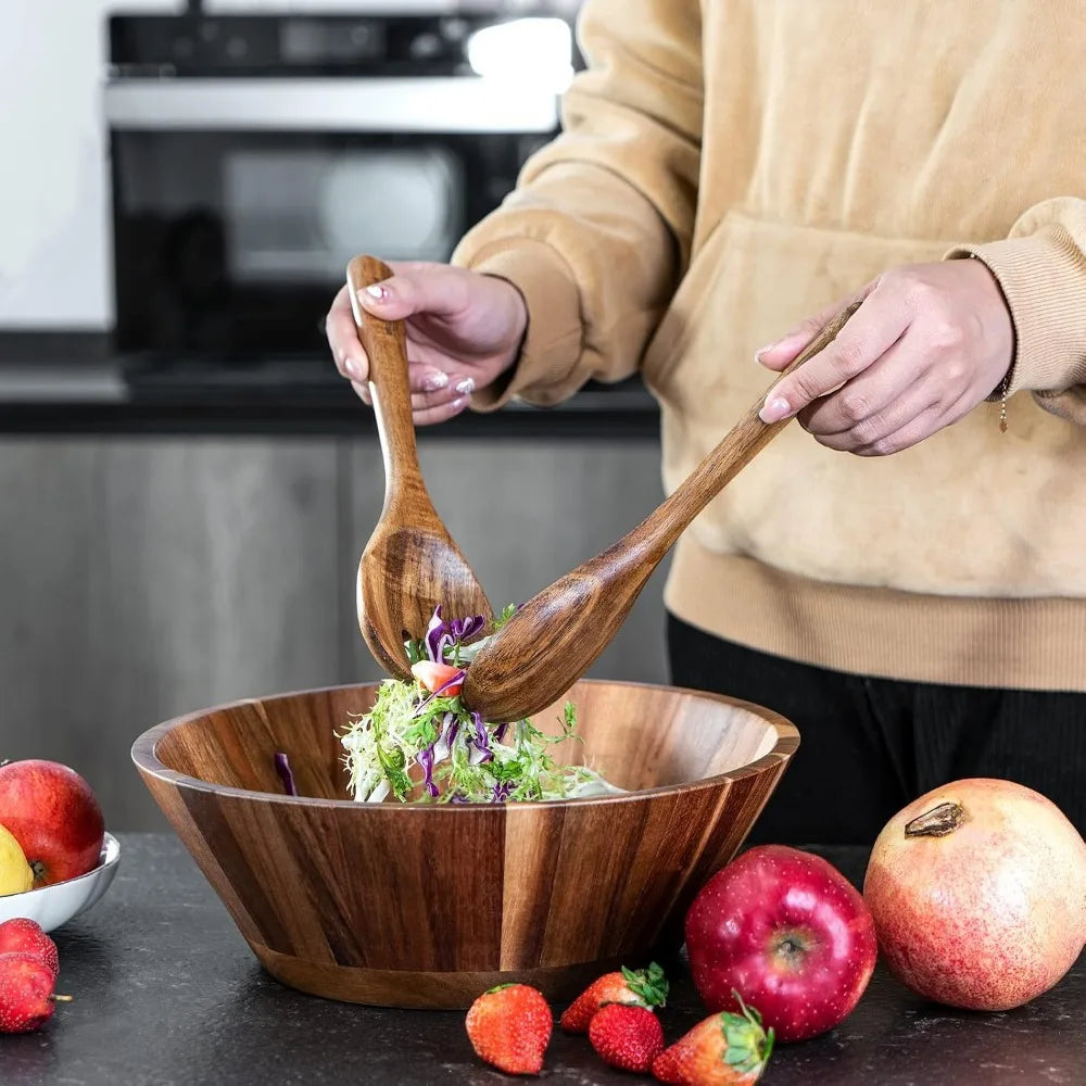 Large Acacia Wood Salad Bowl Set with Utensils, 12"
