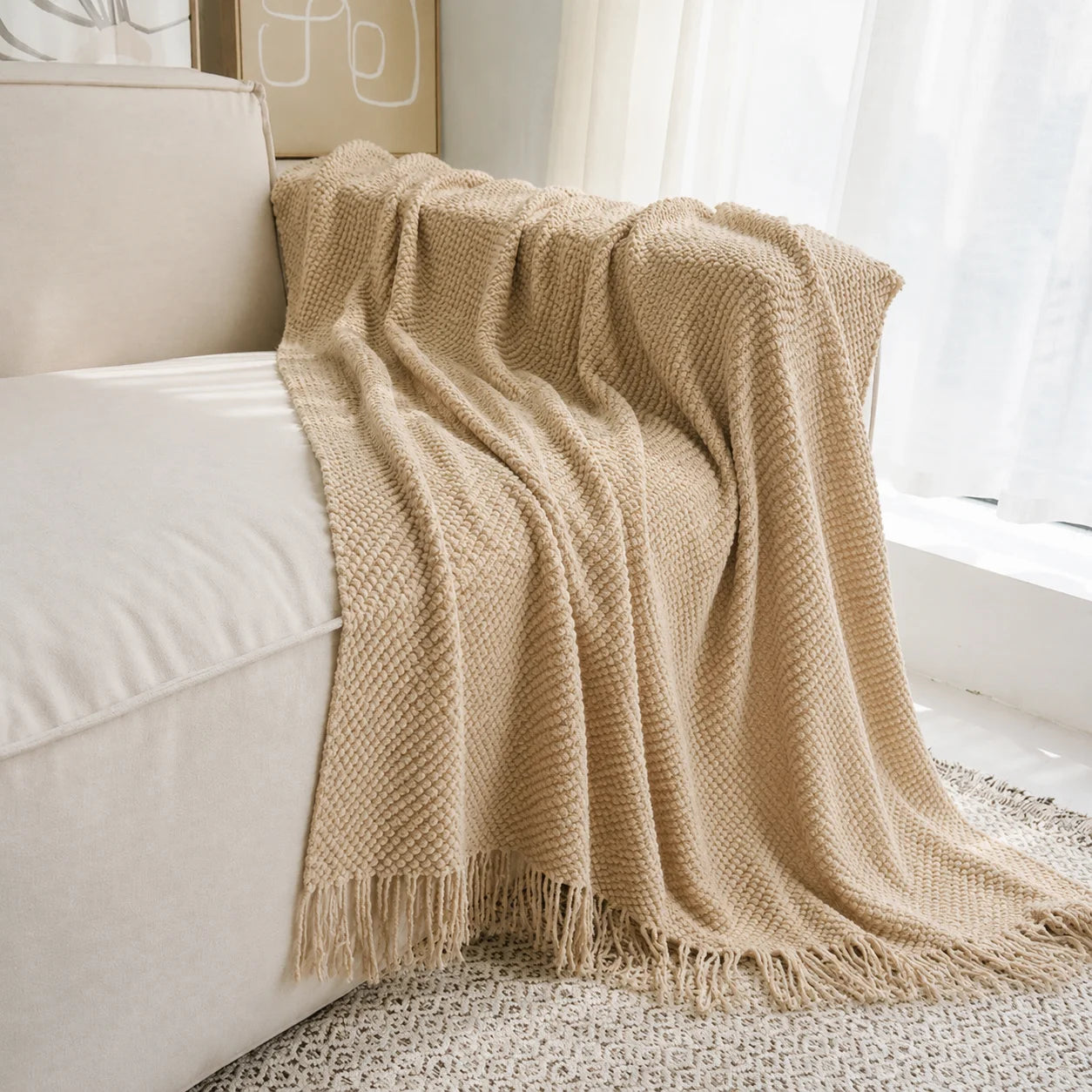 Dark Brown Wavy Chevron Textured Knit Throw Blanket with Tassel Fringe,