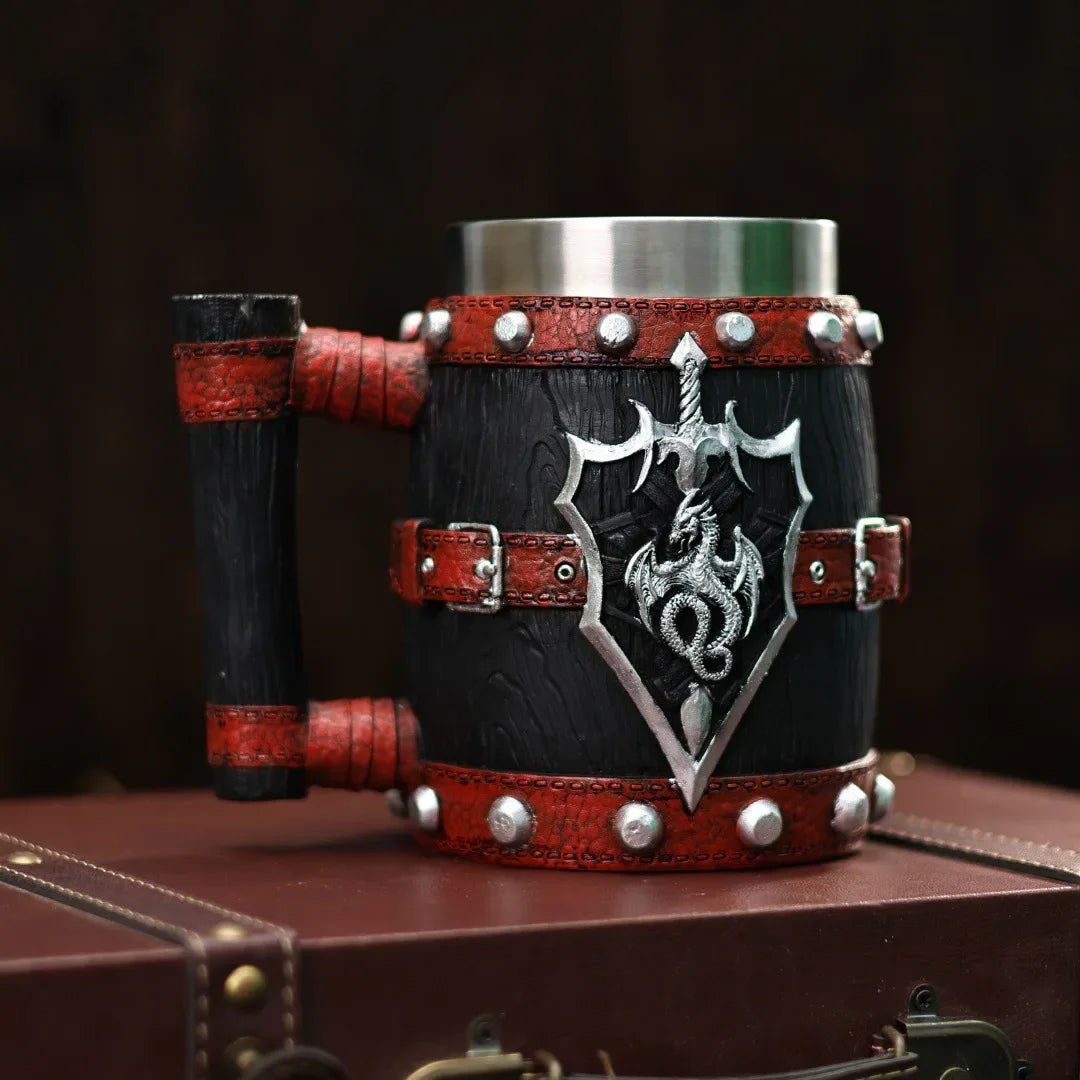 Viking Imitation Wood Resin Beer Mug -Handmade Stainless Steel Line