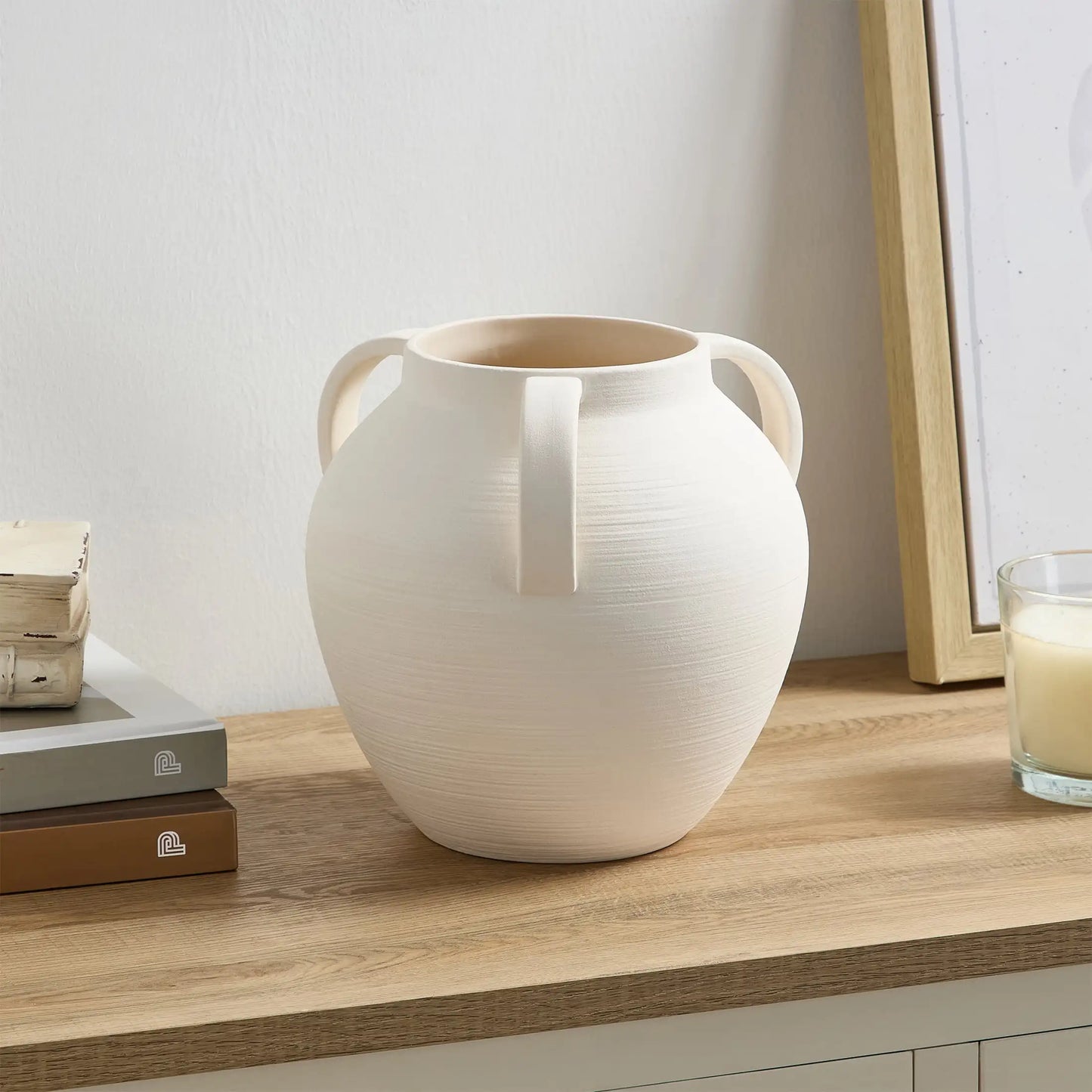 Textured Ceramic Stoneware Vase with Handles, 8'', White