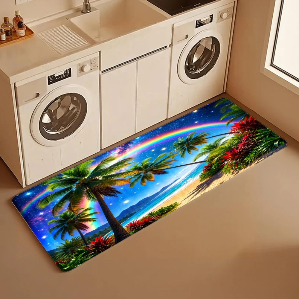 3PCS Kitchen Rugs, Tropical Palm Trees Rainbow Beach Sunset