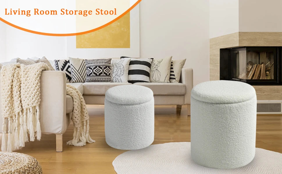 Round Set of 2 Ottoman with Storage Sherpa Storage