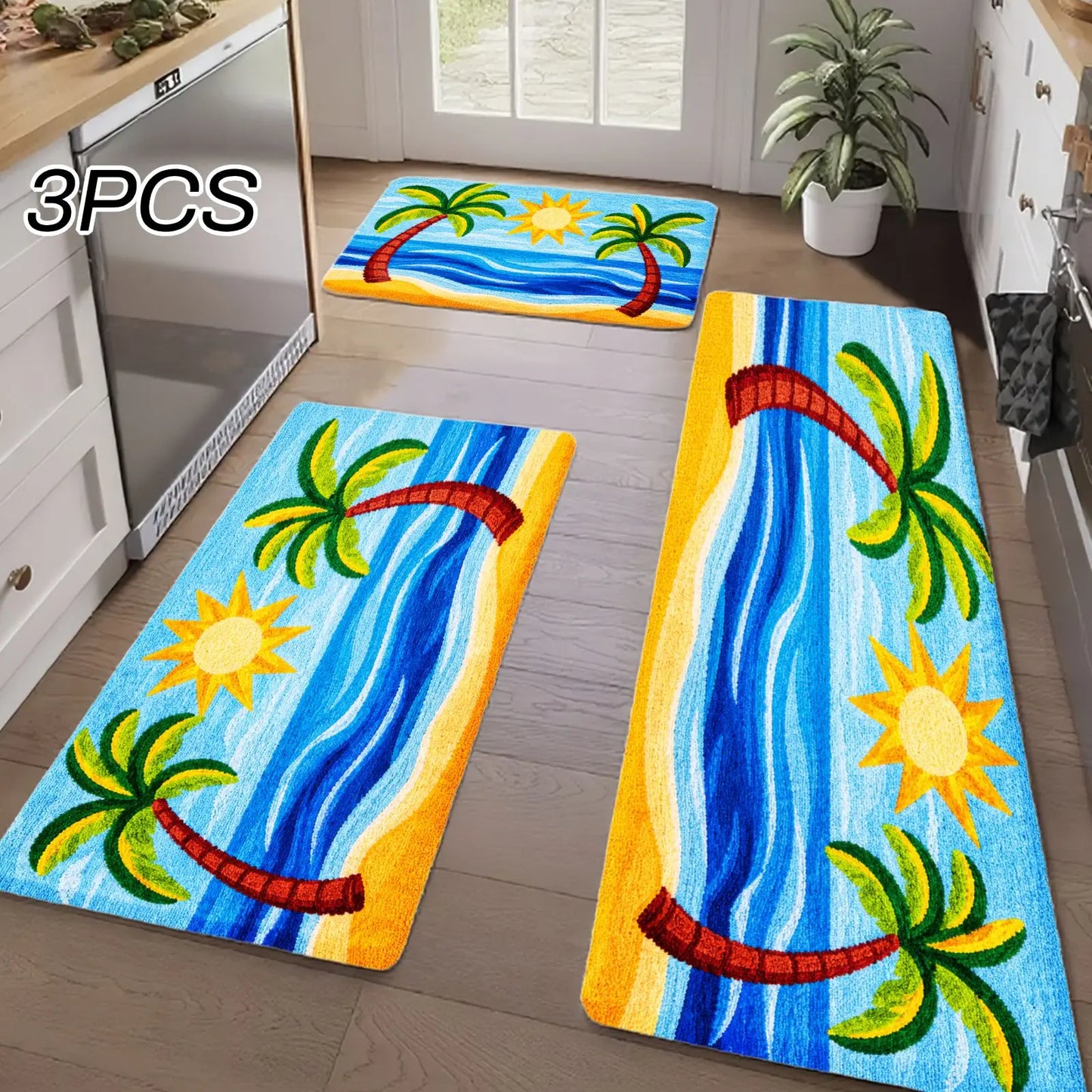 3PCS Rugs,Tropical Palm Tree Sun And Ocean Waves Pattern Dining Mat