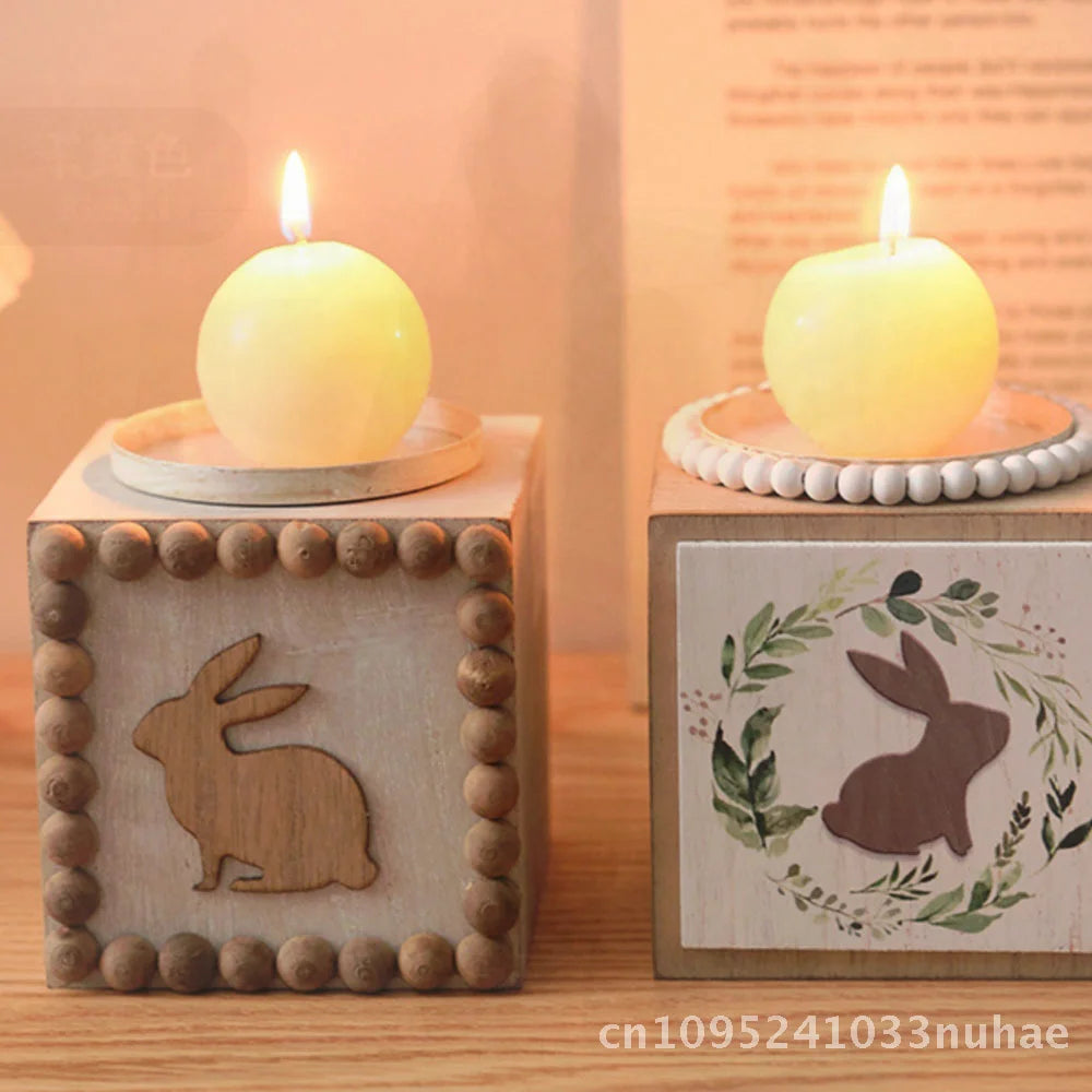 Artistic Wooden Square Candlestick  Little Grass Rabbit