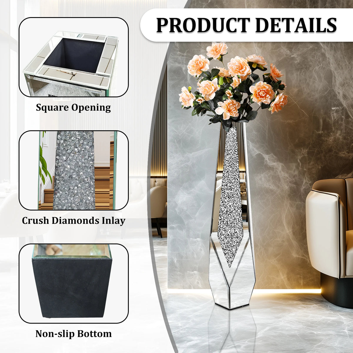 Tall Floor Mirror Vase, Large Crushed Diamond Glass Vase