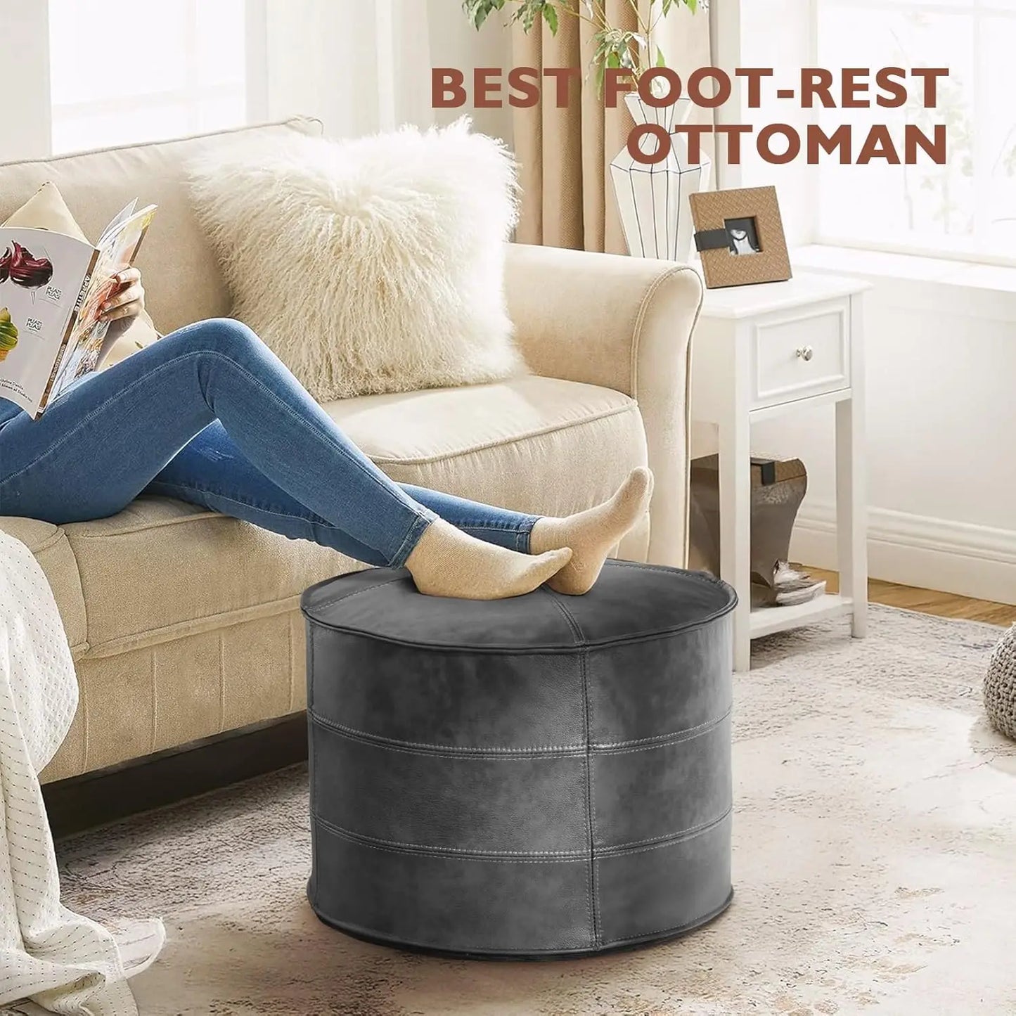 Leather Ottoman,Handmade Stuffed Square Ottoman