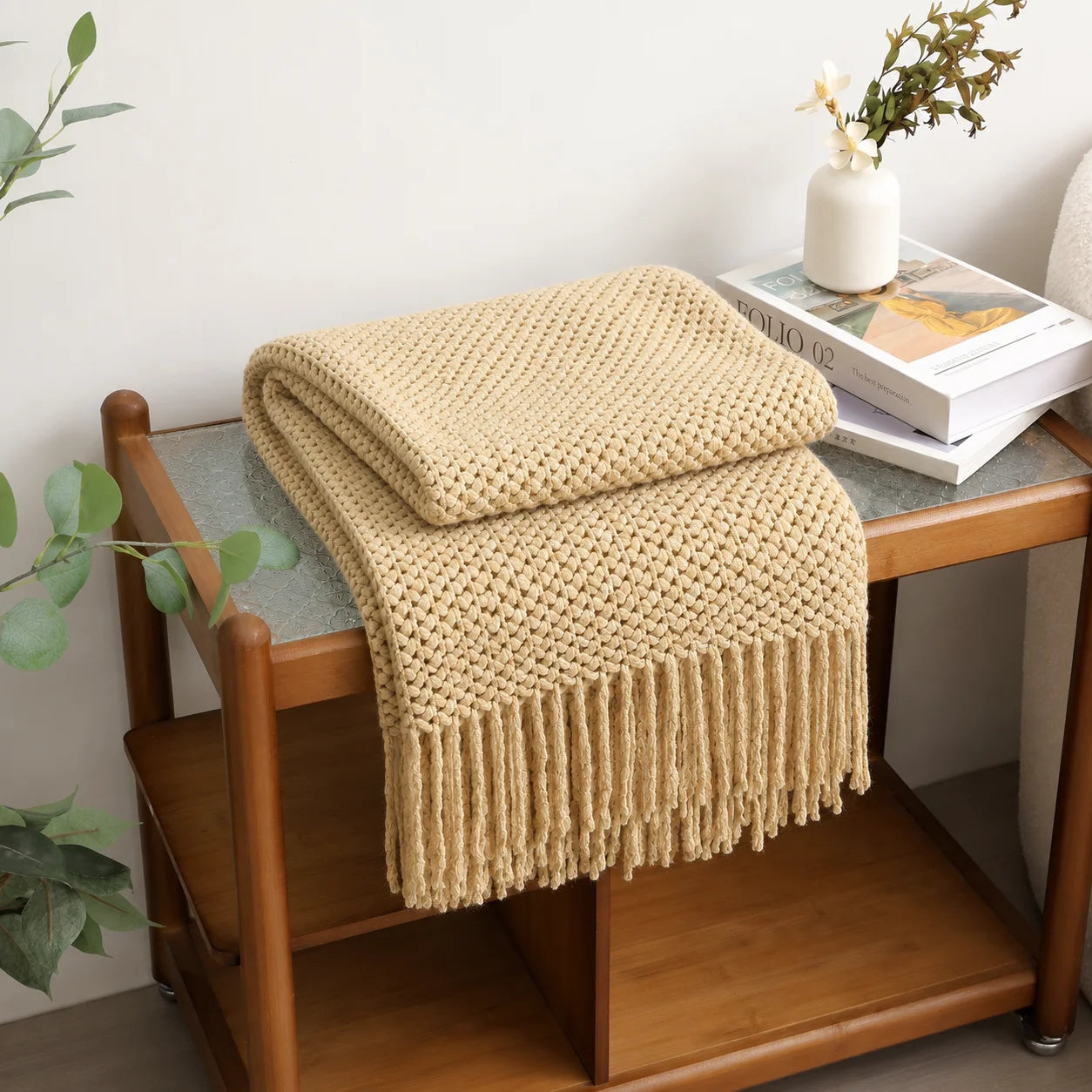 Cream Popcorn Bobble Textured Knit Throw Blanket with Tassel Fringe,