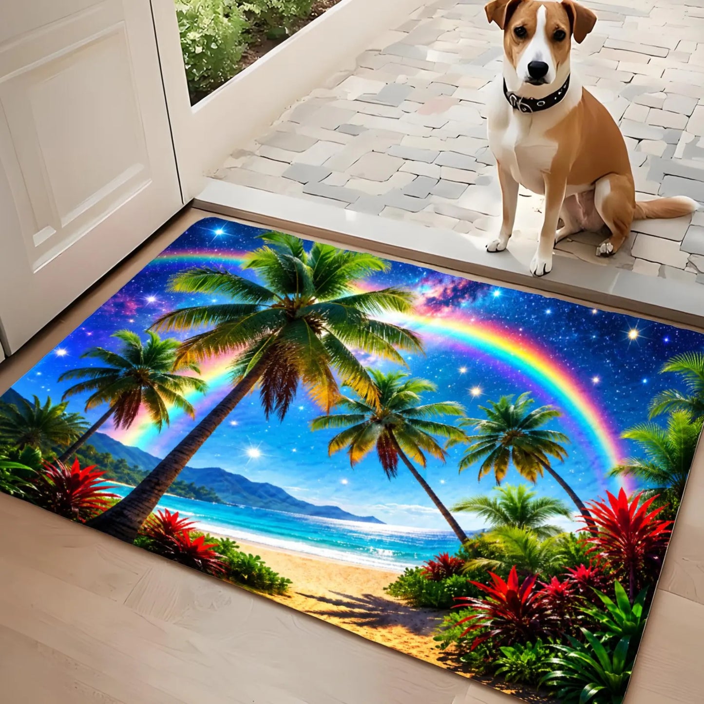 3PCS Kitchen Rugs, Tropical Palm Trees Rainbow Beach Sunset