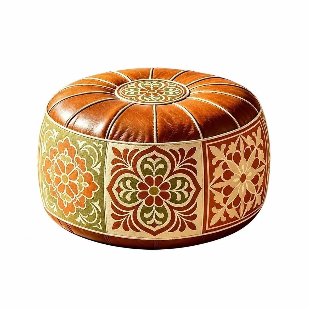 Leather Fillable Ottoman Pouf Embroidered Pattern Moroccan Style, Storage